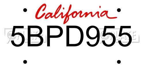 5BPD955 California License Plate