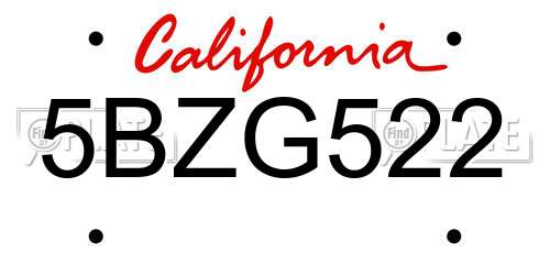 5BZG522 California License Plate