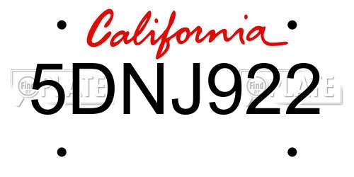 5DNJ922 California License Plate