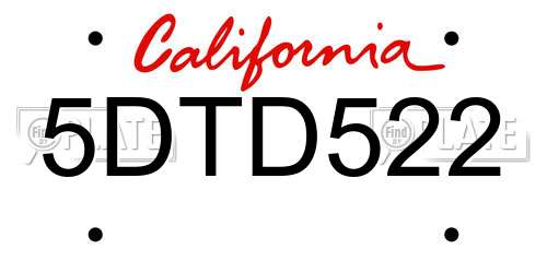 5DTD522 California License Plate