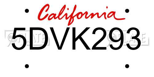 5DVK293 California License Plate