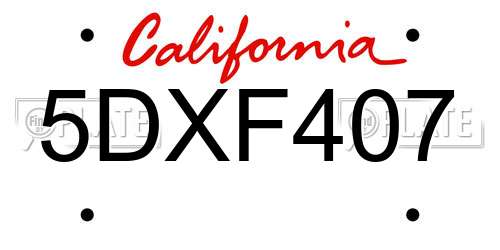 5DXF407 California License Plate
