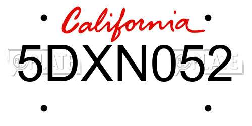 5DXN052 California License Plate