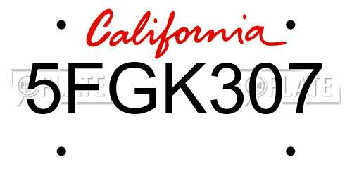 5FGK307 California License Plate