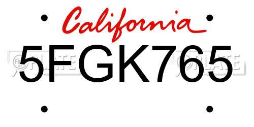 5FGK765 California License Plate