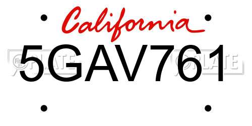 5GAV761 California License Plate