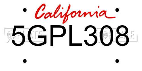 5GPL308 California License Plate