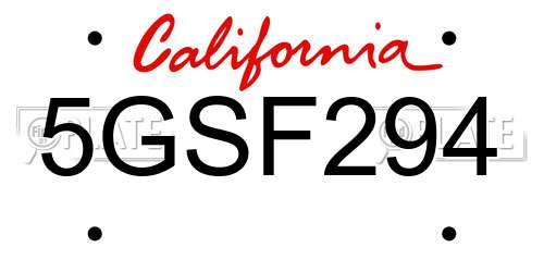 5GSF294 California License Plate