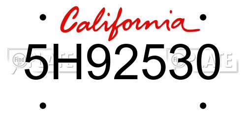 5H92530 California License Plate