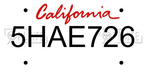 5HAE726 California License Plate