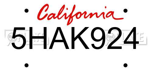 5HAK924 California License Plate