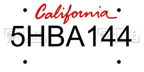 5HBA144 California License Plate