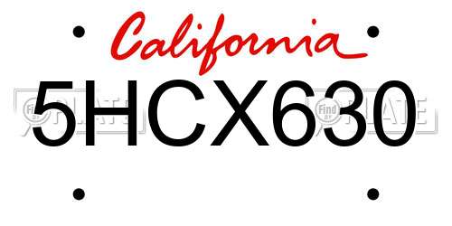 5HCX630 California License Plate