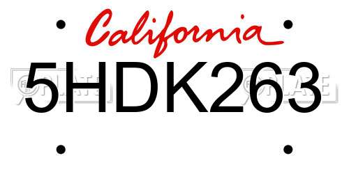 5HDK263 California License Plate