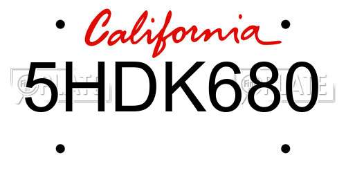 5HDK680 California License Plate