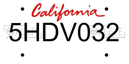 5HDV032 California License Plate
