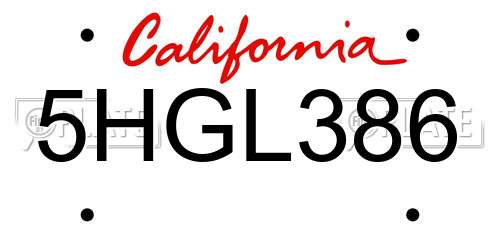 5HGL386 California License Plate