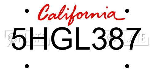 5HGL387 California License Plate