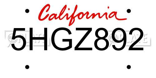 5HGZ892 California License Plate