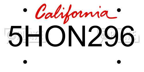 5HON296 California License Plate