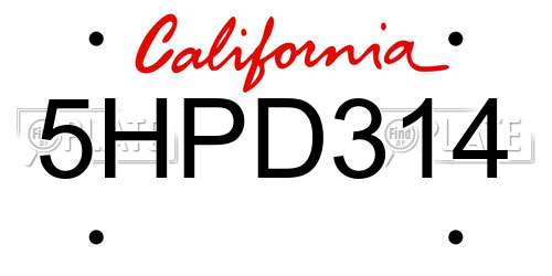 5HPD314 California License Plate