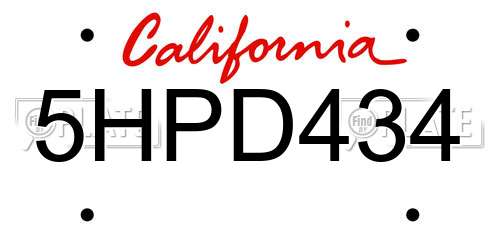 5HPD434 California License Plate