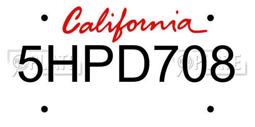 5HPD708 California License Plate