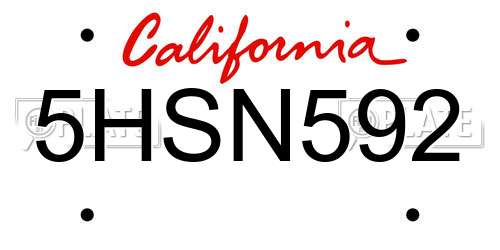 5HSN592 California License Plate