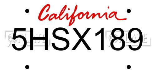 5HSX189 California License Plate