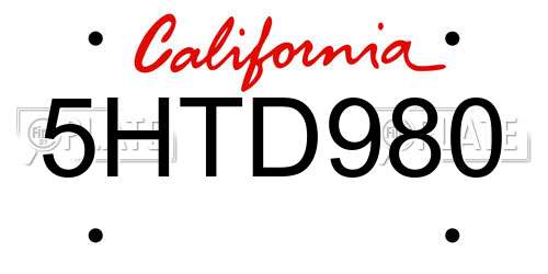 5HTD980 California License Plate