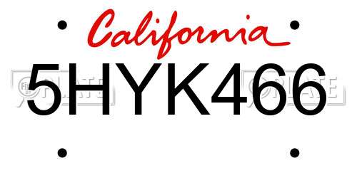 5HYK466 California License Plate