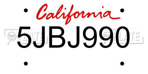 5JBJ990 California License Plate