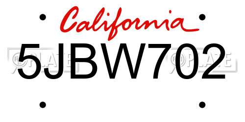 5JBW702 California License Plate