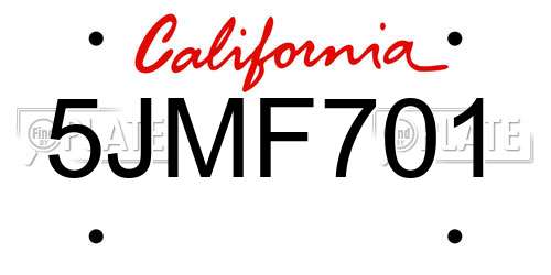 5JMF701 California License Plate