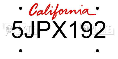 5JPX192 California License Plate