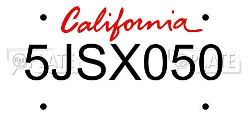 5JSX050 California License Plate