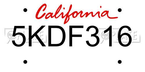 5KDF316 California License Plate