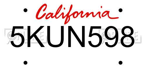 5KUN598 California License Plate