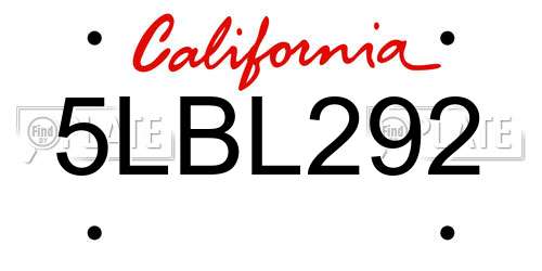 5LBL292 California License Plate