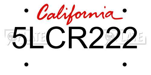 5LCR222 California License Plate
