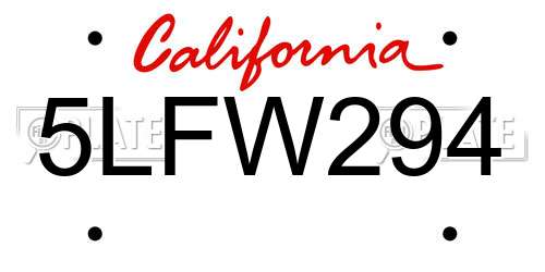 5LFW294 California License Plate