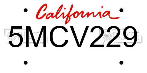 5MCV229 California License Plate