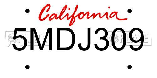 5MDJ309 California License Plate