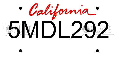 5MDL292 California License Plate