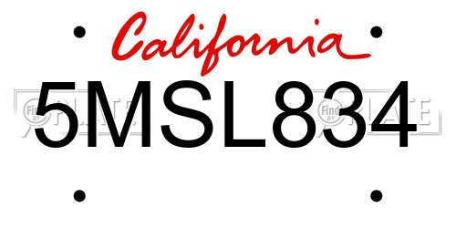 5MSL834 California License Plate