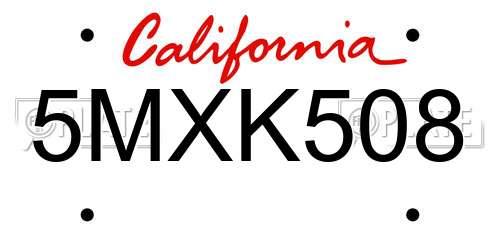 5MXK508 California License Plate