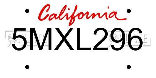5MXL296 California License Plate