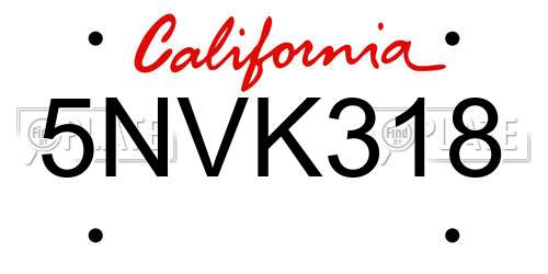 5NVK318 California License Plate