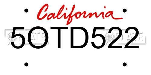 5OTD522 California License Plate