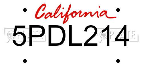 5PDL214 California License Plate